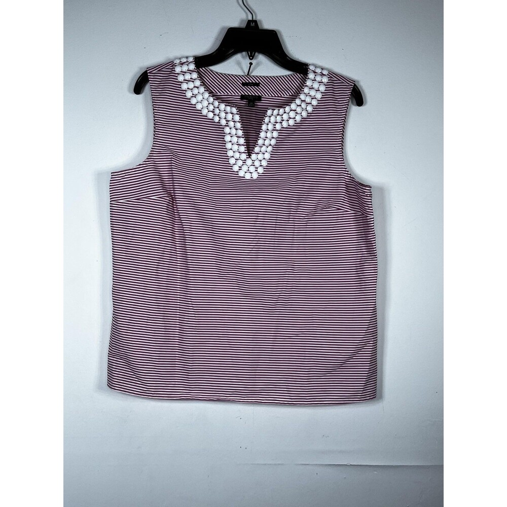 Talbots Tank Top Womens Petite 14P Pink Stripe V Neck Beaded Sleeveless Stretch